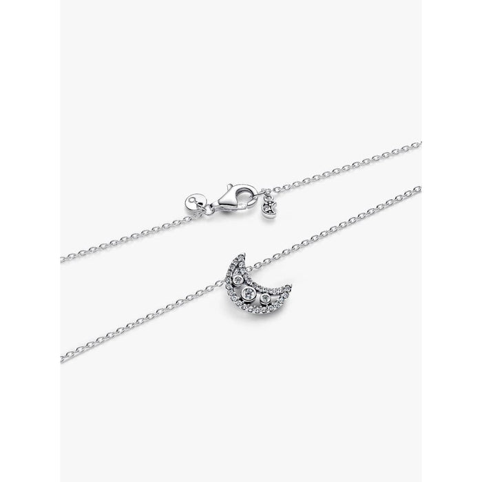 Close-up of Pandora Crescent Moon Pendant Necklace featuring a sterling silver chain and sparkling crescent moon charm with cubic zirconia.