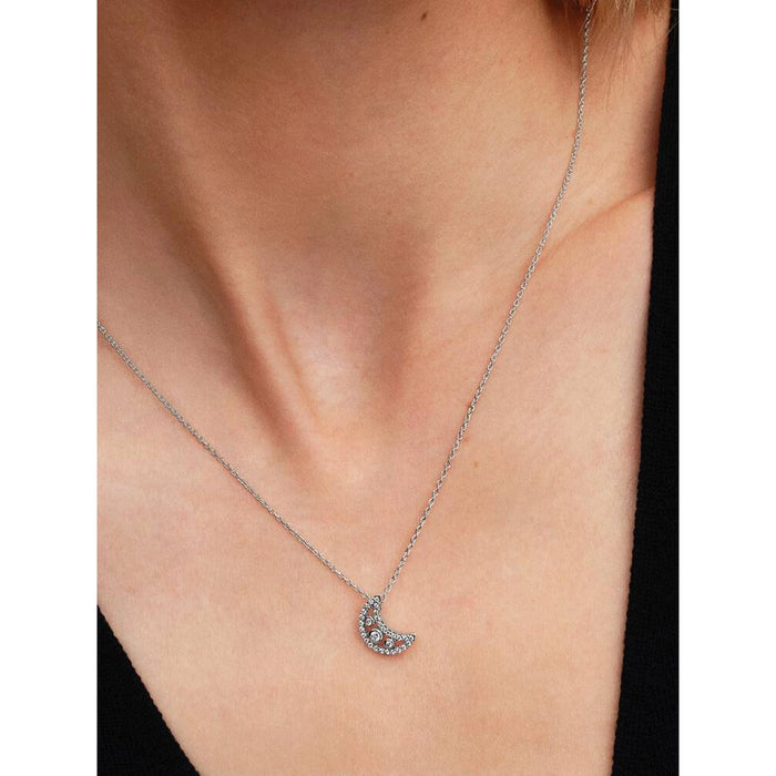 Model wearing the Pandora Crescent Moon Pendant Necklace, showcasing the sparkling crescent moon pendant resting at the collarbone.