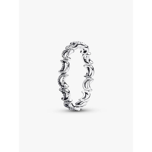Side profile of Pandora crescent moon ring showing detailed silver moon pattern