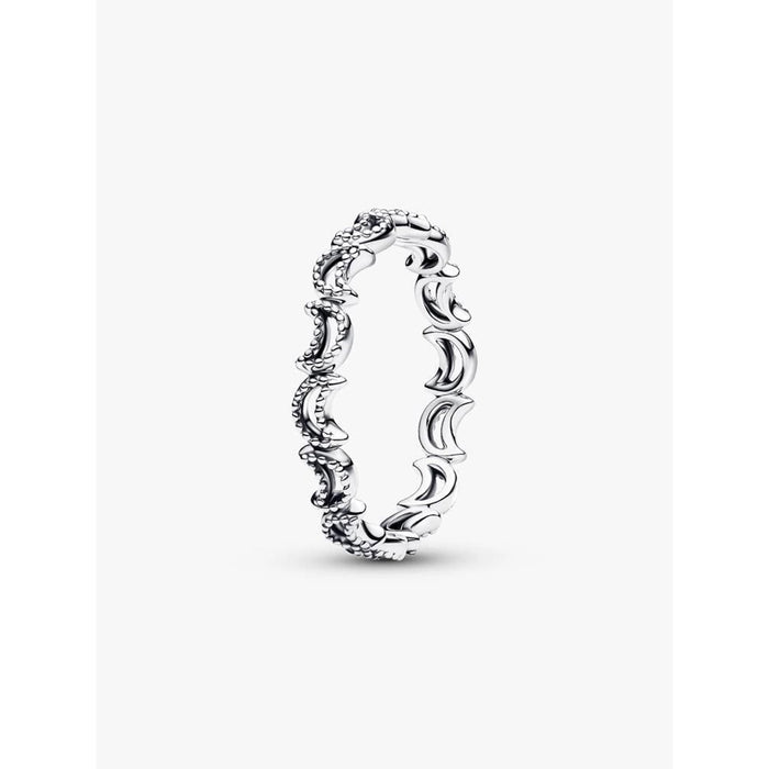 Side profile of Pandora crescent moon ring showing detailed silver moon pattern