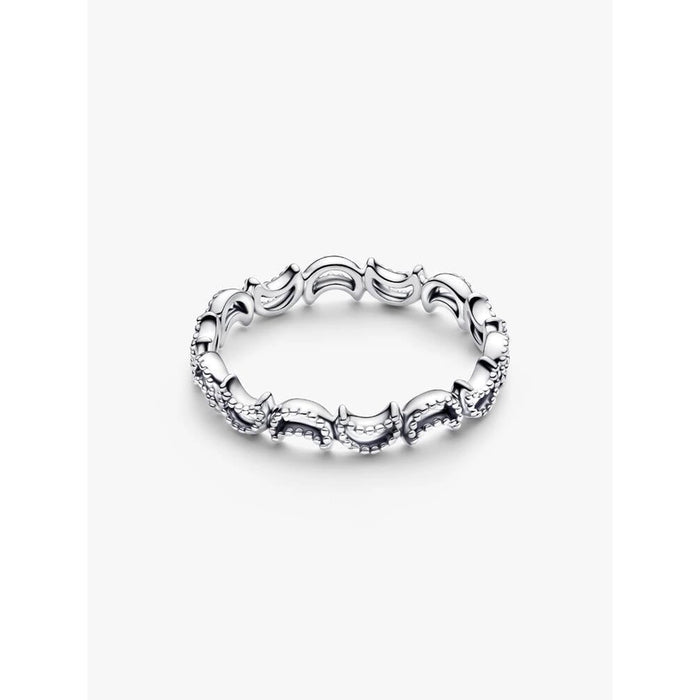 Pandora crescent moon ring in sterling silver front view with repeating moon design