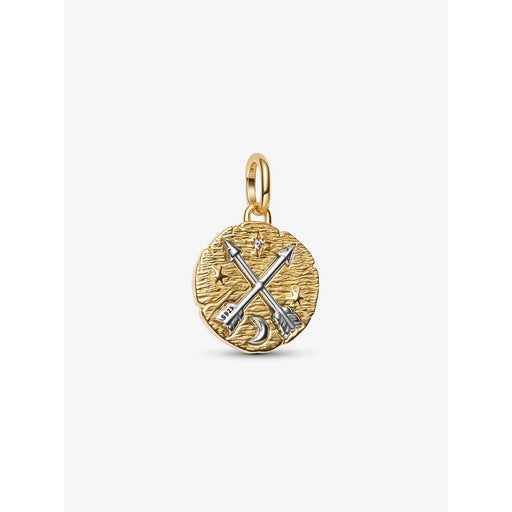 Front view of the Pandora Crossing Arrows Medallion Charm in gold, showing two crossed arrows, a crescent moon, and stars engraved in silver detail.