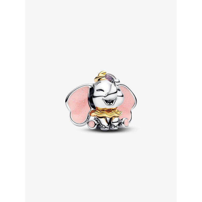 Disney Dumbo charm in sterling silver with pink enamel ears, gold accents on the hat and collar, and a happy expression.