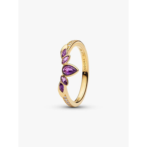 Side view of Pandora Disney Frozen Anna Tiara Ring gold-plated band with purple gemstones and pavé crystal detailing