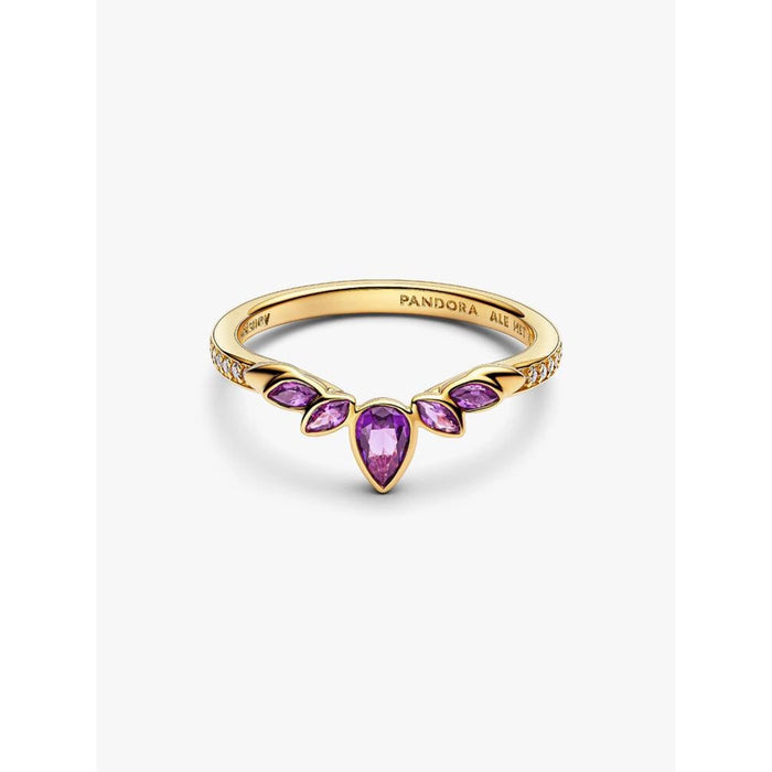 Pandora Disney Frozen Anna Tiara Ring in gold featuring purple marquise-cut stones and sparkling crystal accents, front view