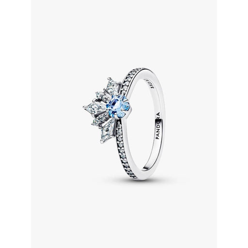 Side view of Pandora Elsa Tiara Ring showing raised crown setting with blue crystal and pavé stone band