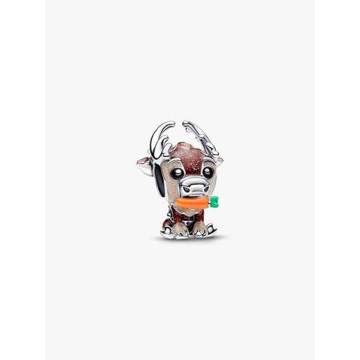 Close-up product image of the Pandora Disney Frozen Sven Charm showing Sven holding a carrot with hand-applied enamel accents.