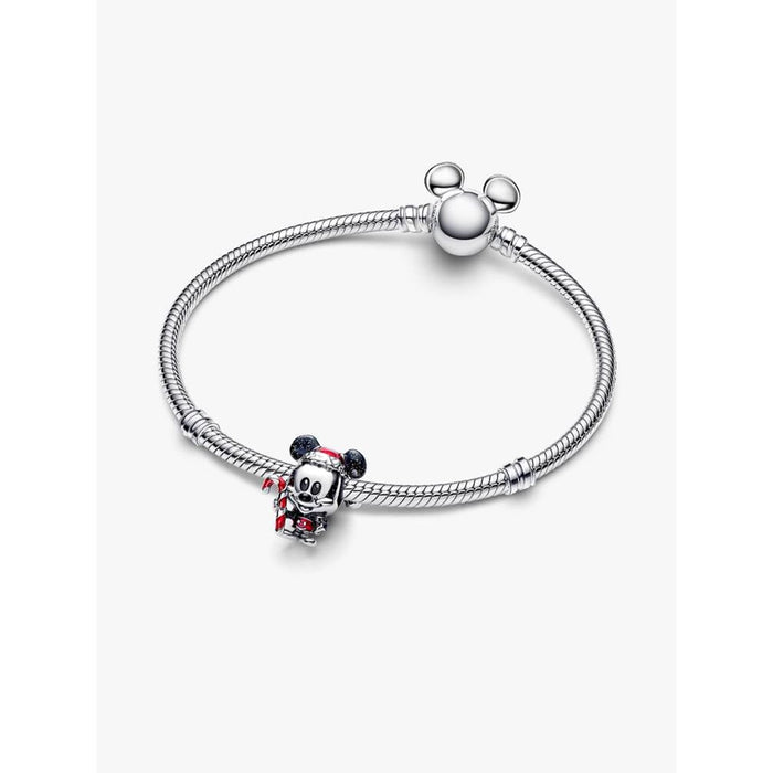 Pandora Moments bracelet featuring the Disney Mickey Mouse Holiday Charm displayed on white background