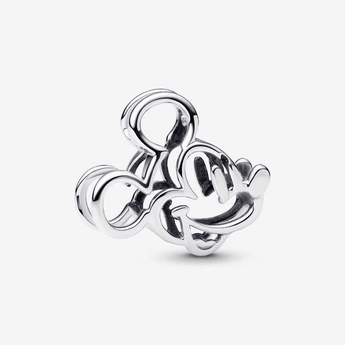 Side view of Pandora Disney Mickey Mouse Openwork Charm in polished sterling silver with cut-out design of Mickey Mouse head