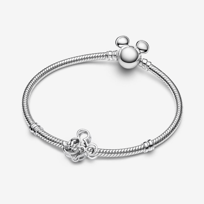 Pandora Moments snake chain bracelet with Pandora Disney Mickey Mouse Openwork Charm in sterling silver minimalist design
