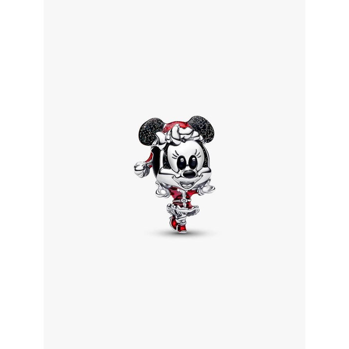 Front view of the Pandora Disney Minnie Mouse Holiday Charm showing Minnie in a red holiday outfit with glittering black ears and Santa hat.