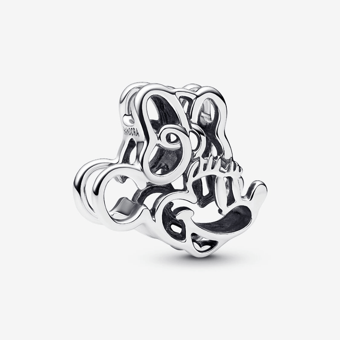 Side view of Pandora Disney Minnie Mouse Openwork Charm in polished sterling silver with cut-out design of Mickey Mouse head.