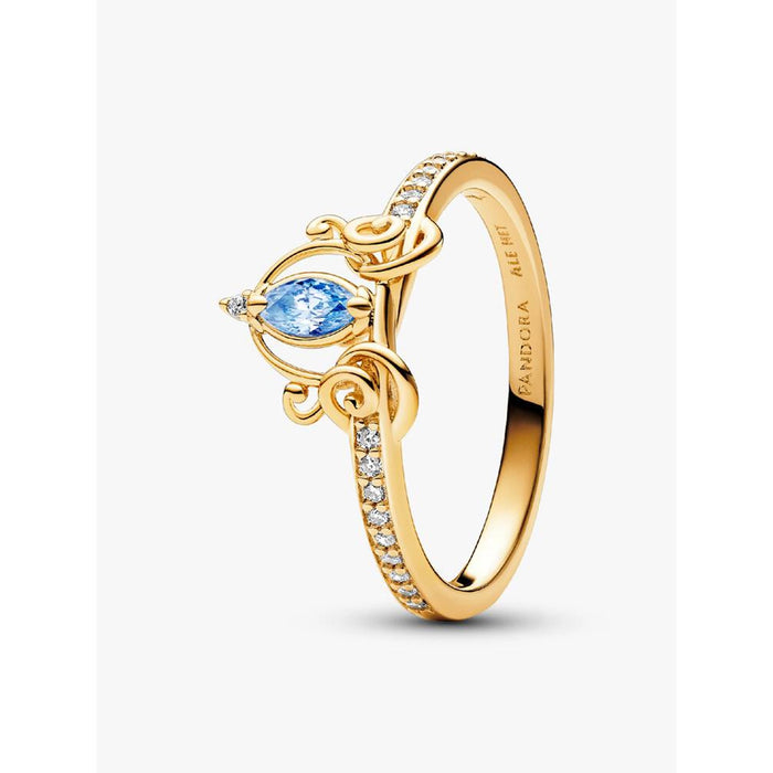 Close-up of Pandora Cinderella gold ring featuring blue marquise cubic zirconia and pavé stone band.