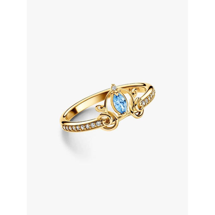 Pandora Disney Princess Cinderella gold ring with marquise blue stone and carriage-inspired detailing.