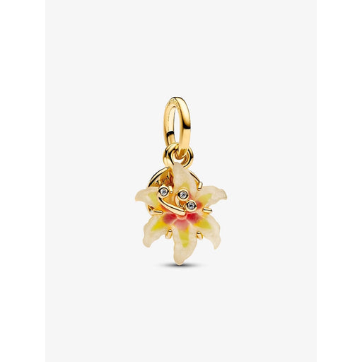 Disney Tangled Rapunzel Sun Flower Dangle Charm in 14k gold-plated metal with yellow enamel petals and cubic zirconia accents.