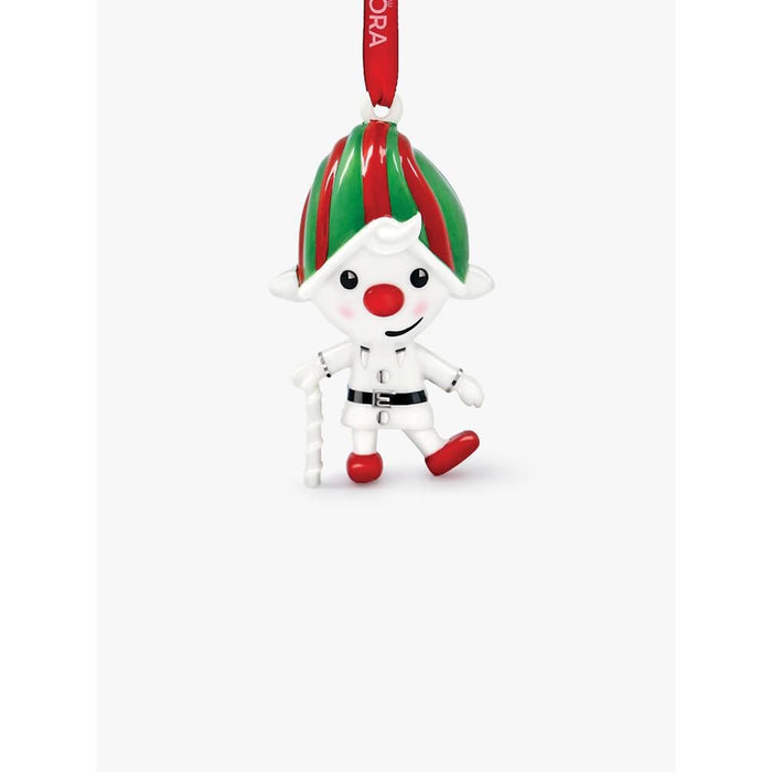 Close-up of Pandora elf ornament with red nose, candy cane, and striped festive hat hanging from red ribbon