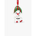 Close-up of Pandora elf ornament with red nose, candy cane, and striped festive hat hanging from red ribbon