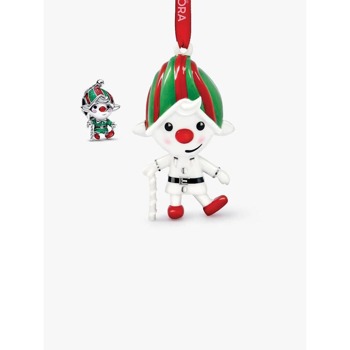 Pandora elf ornament gift set featuring large festive elf and matching miniature charm in red and green holiday colors