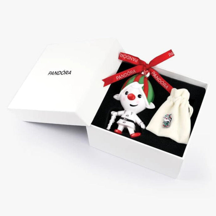 Pandora elf ornament gift set in white Pandora box with charm, pouch and festive elf ornament