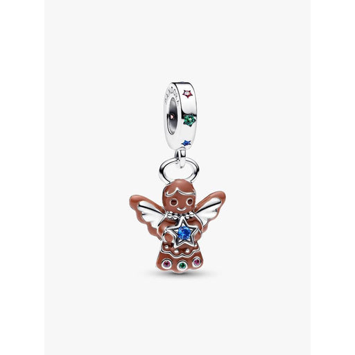 Pandora Gingerbread Angel Dangle Charm in sterling silver with enamel and blue star detail, front view.
