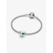 A silver Pandora bracelet featuring an engravable heart-shaped charm with a green stone at the center, displayed on a plain white background.