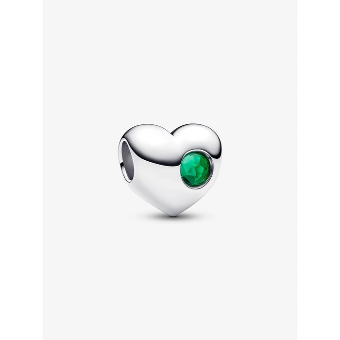 A standalone silver Pandora heart-shaped charm with a faceted green stone accent on a white background.