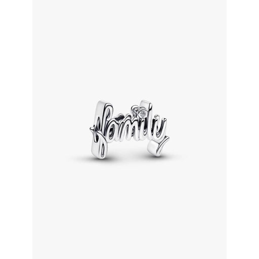 Pandora Handwritten Family Charm in sterling silver displayed on white background.