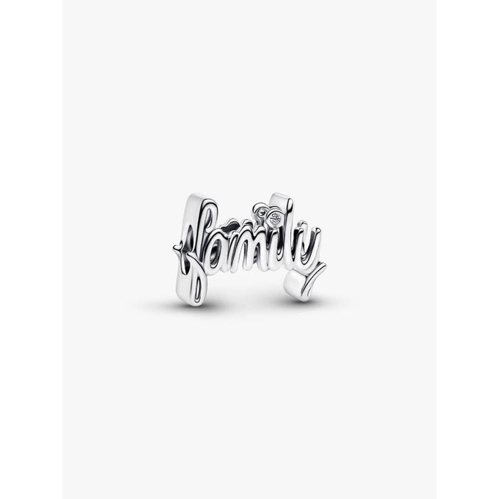 Pandora Handwritten Family Charm in sterling silver displayed on white background.