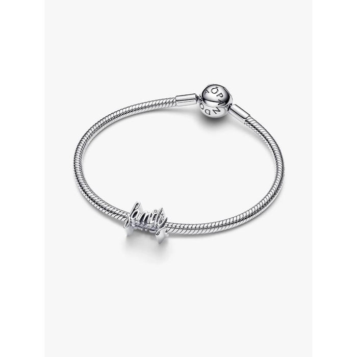 Pandora Handwritten Family Charm shown on a silver Pandora Moments bracelet.