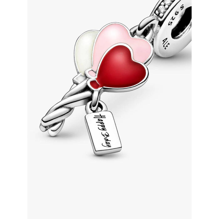 Close-up of Pandora Happy Bday Balloon Dangle Charm showing enamel hearts and engraved tag