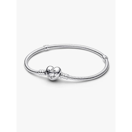 Pandora heart clasp snake-chain bracelet in sterling silver with engraved logo.