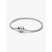 Pandora heart clasp snake-chain bracelet in sterling silver with engraved logo.