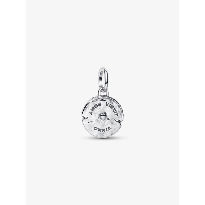 Back view of the Pandora Heart Medallion Charm engraved with the words "AMOR VINCIT OMNIA."