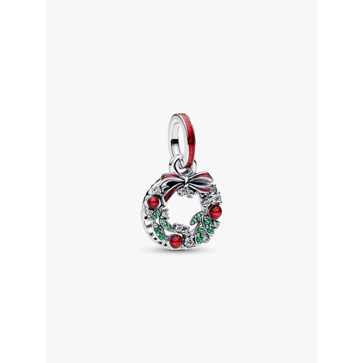 Close-up of the Pandora Holiday Wreath Double Dangle Charm with red and green cubic zirconia and bow detail.