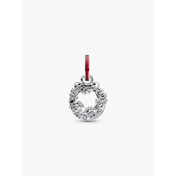 Pandora Holiday Wreath Double Dangle Charm featuring a sterling silver wreath with red and green stones and red enamel bail.