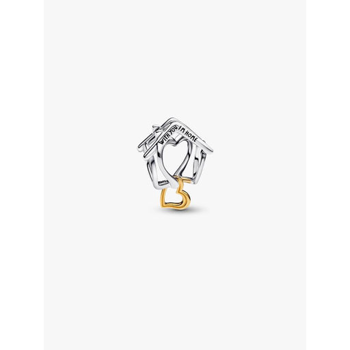 Pandora Home & Heart Charm featuring a sterling silver house-shaped outline with a dangling 14k gold-plated heart, shown on a white background.