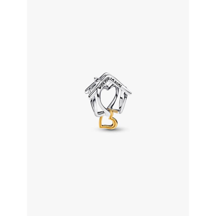 Pandora Home & Heart Charm featuring a sterling silver house-shaped outline with a dangling 14k gold-plated heart, shown on a white background.
