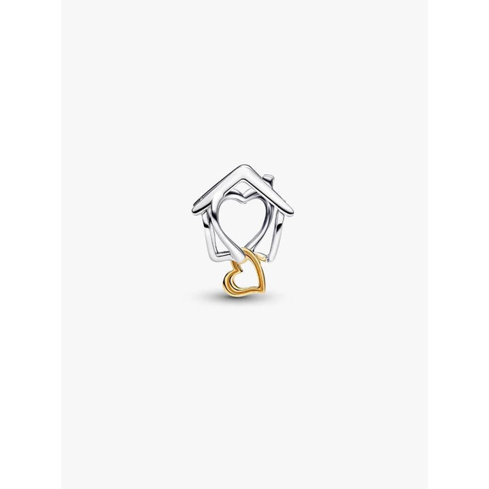 Front view of the Pandora Home & Heart Charm, showing the sterling silver house outline with a gold-plated dangling heart.