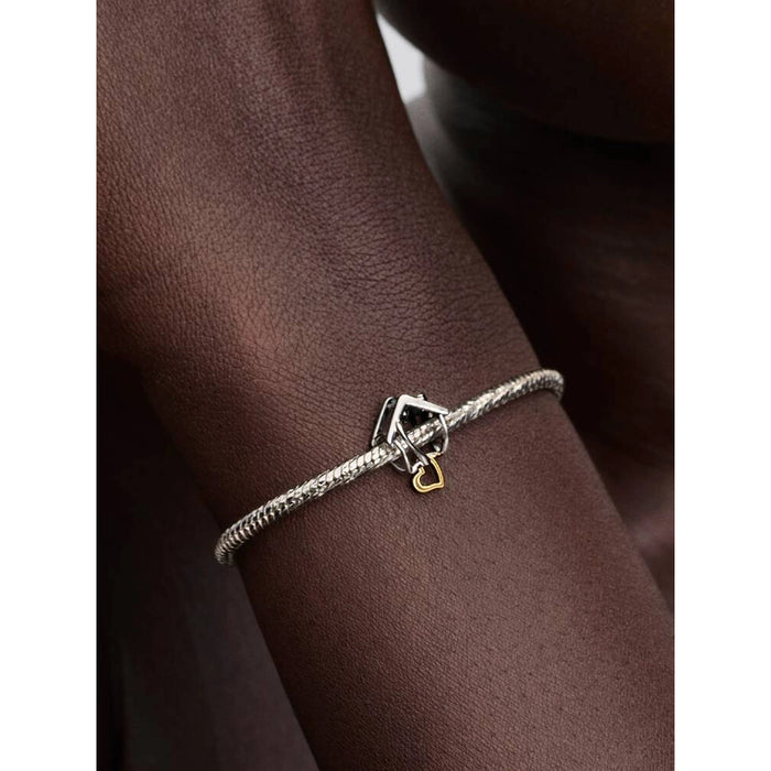 Pandora Home & Heart Charm worn on a silver snake chain bracelet, showcasing the two-tone heart and home design on a model’s wrist.