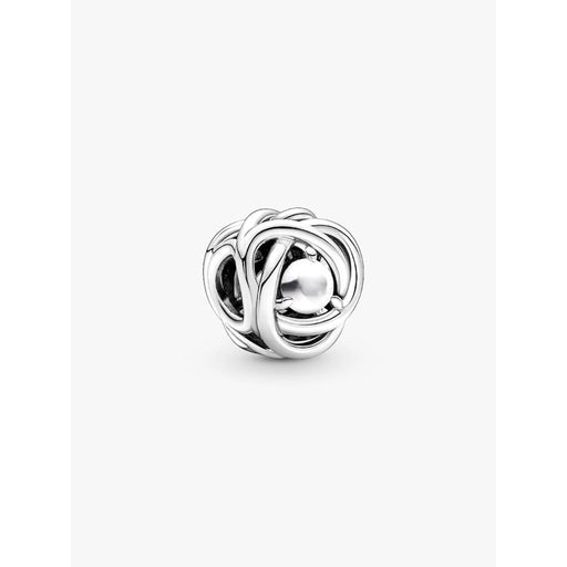 Pandora June Circle Charm in sterling silver with white mother of pearl center and swirling openwork eternity design.