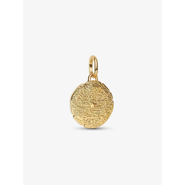 Pandora gold zodiac coin charm pendant back engraving with textured finish.