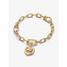 Pandora gold chain bracelet with textured zodiac lion coin charm pendant.
