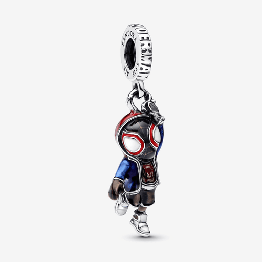 Front view of Pandora Marvel Spider-Man Miles Morales Dangle Charm with hand-painted enamel details and engraved Pandora bail.