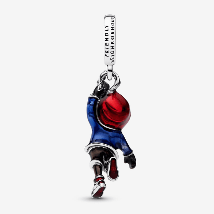 Close-up of Pandora Marvel Spider-Man Miles Morales Dangle Charm showing red, blue, and black enamel with Friendly Neighborhood engraving.