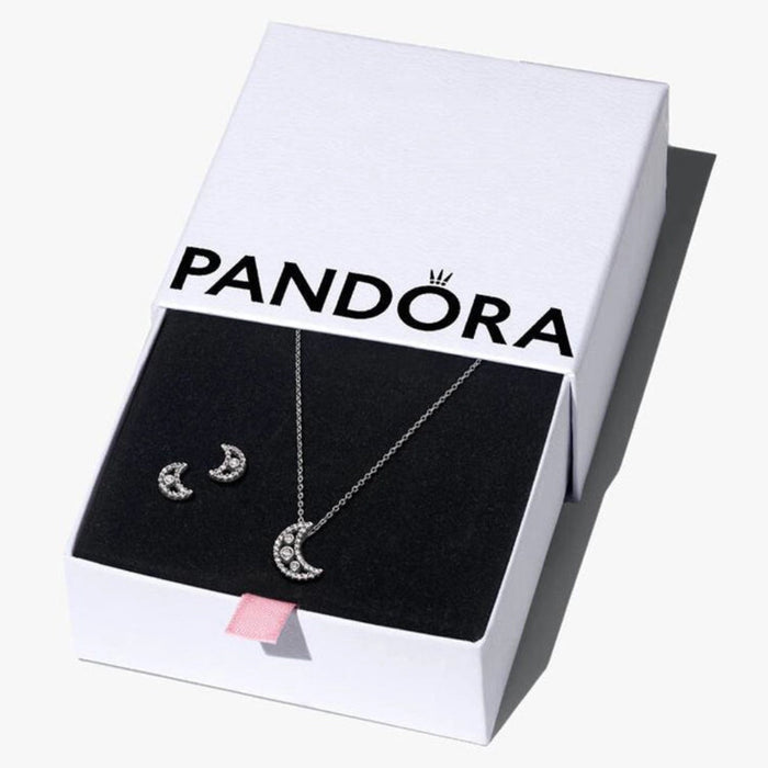 Pandora Moon Jewelry Gift Set displayed in branded gift box with crescent moon necklace and earrings.