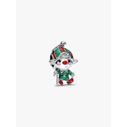 Front view of the Pandora Moveable Elf Charm featuring red and green glitter enamel and a candy cane.
