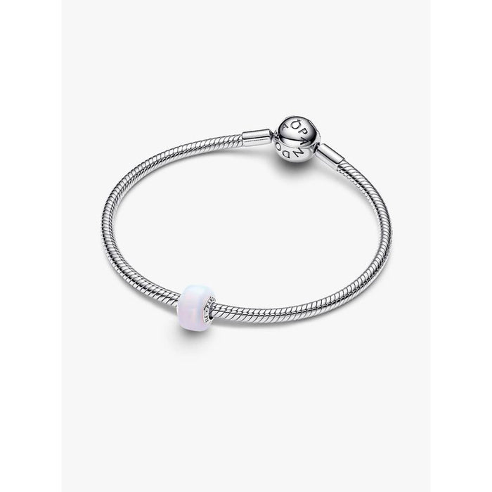 Pandora snake chain bracelet with a single opalescent Murano glass charm displayed against a white background.