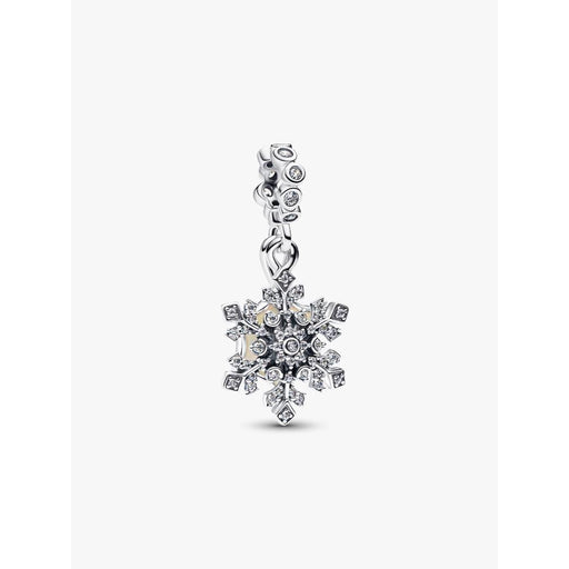 Front view of Pandora Opalescent Snowflake Double Dangle Charm in sterling silver with sparkling cubic zirconia snowflake design.