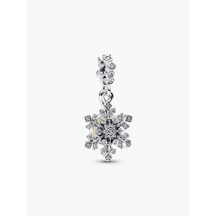 Front view of Pandora Opalescent Snowflake Double Dangle Charm in sterling silver with sparkling cubic zirconia snowflake design.