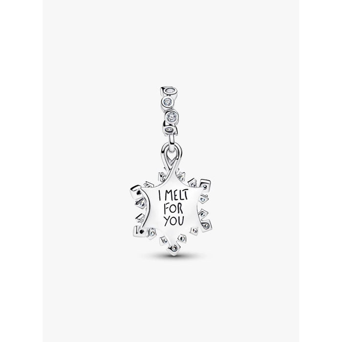 Back view of Pandora Opalescent Snowflake Double Dangle Charm showing engraved message ‘I melt for you.